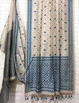 Light beige with blue & sky blue silk cotton katki handloom saree - Tamal Boutique