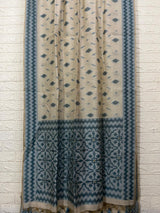 Light beige with blue & sky blue silk cotton katki handloom saree - Tamal Boutique