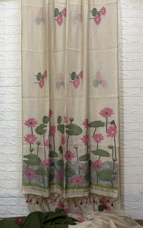 Light beige with pink colour water lily woven motifs handloom silk cotton saree - Tamal Boutique