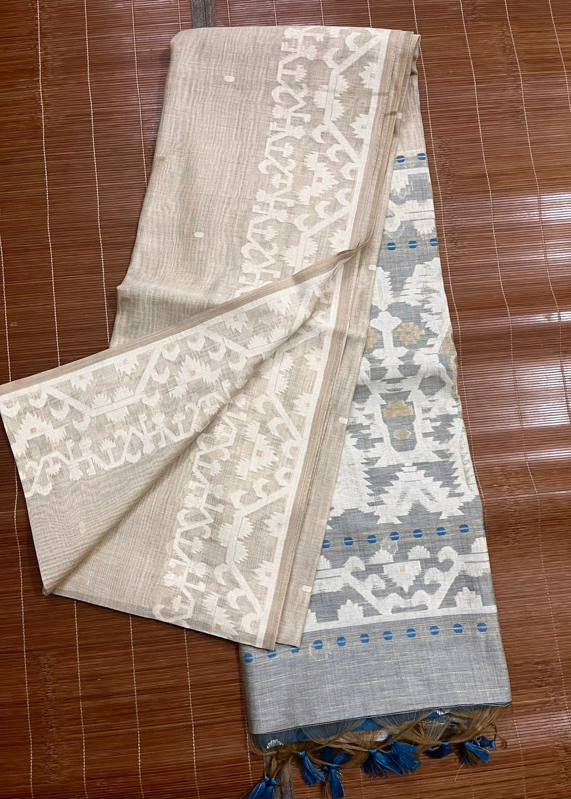 Light biscuit with white & blue cotton handloom jamdani saree - Tamal Boutique