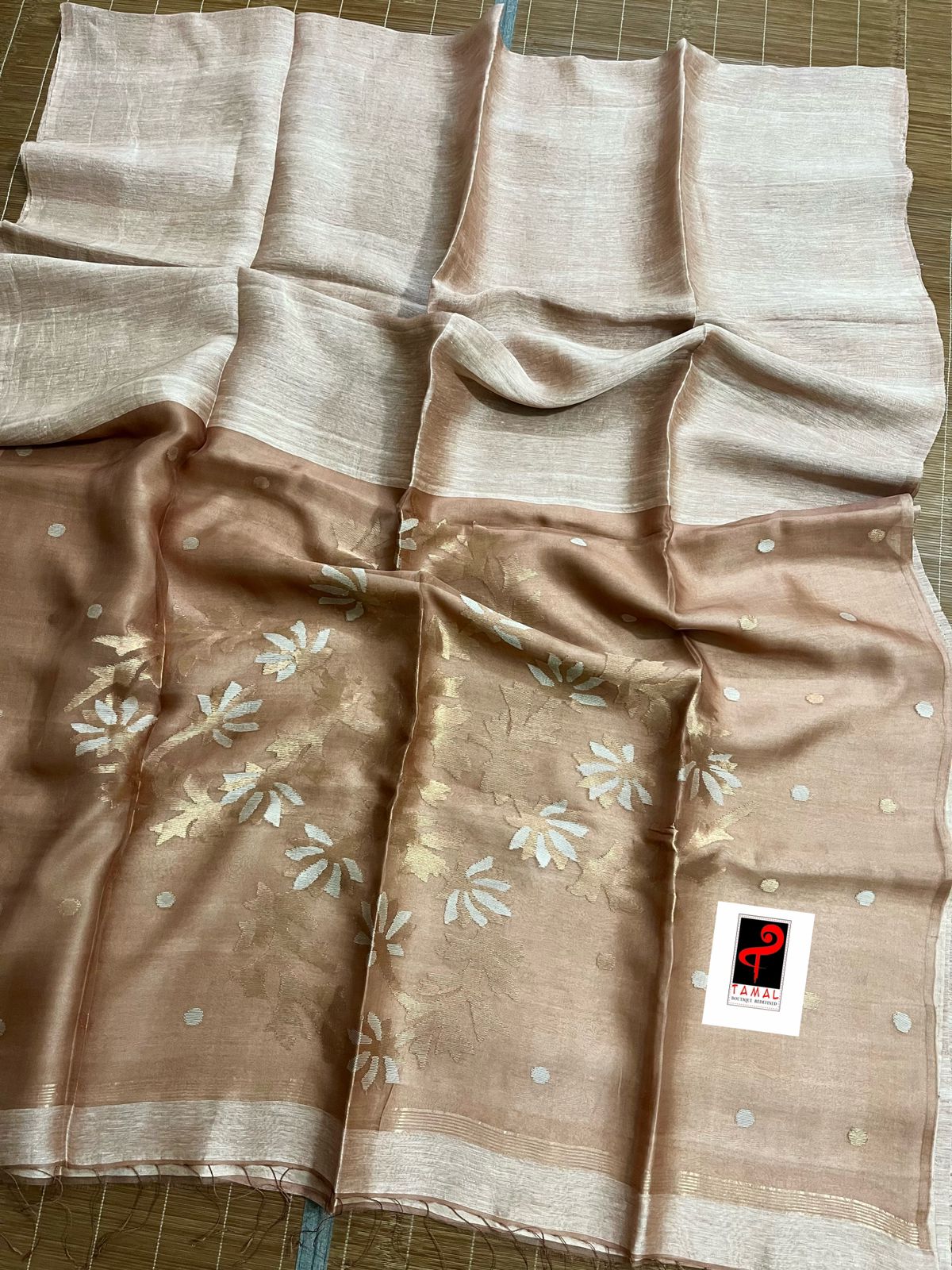 Light brown colour silk linen handwoven jamdani saree