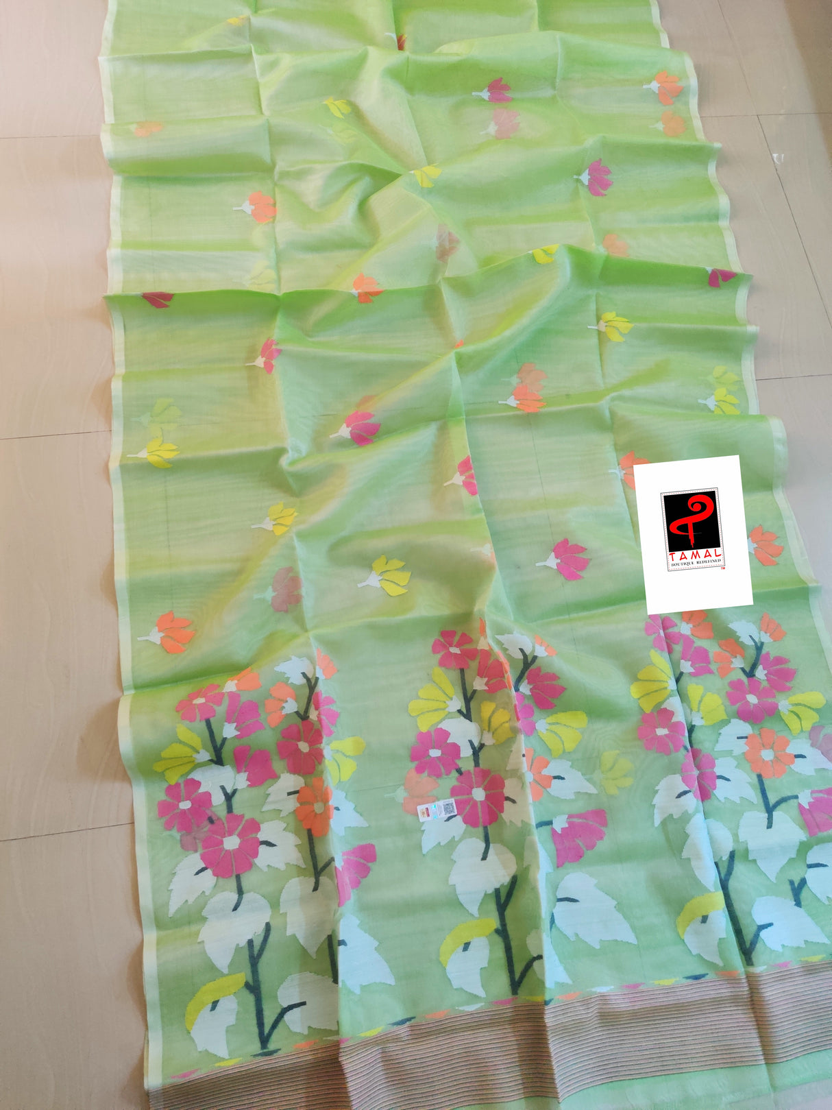 Light green with multi colour muslin silk floral pallu handwoven jamdani saree