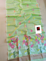 Light green with multi colour muslin silk floral pallu handwoven jamdani saree