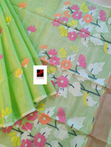 Light green with multi colour muslin silk floral pallu handwoven jamdani saree