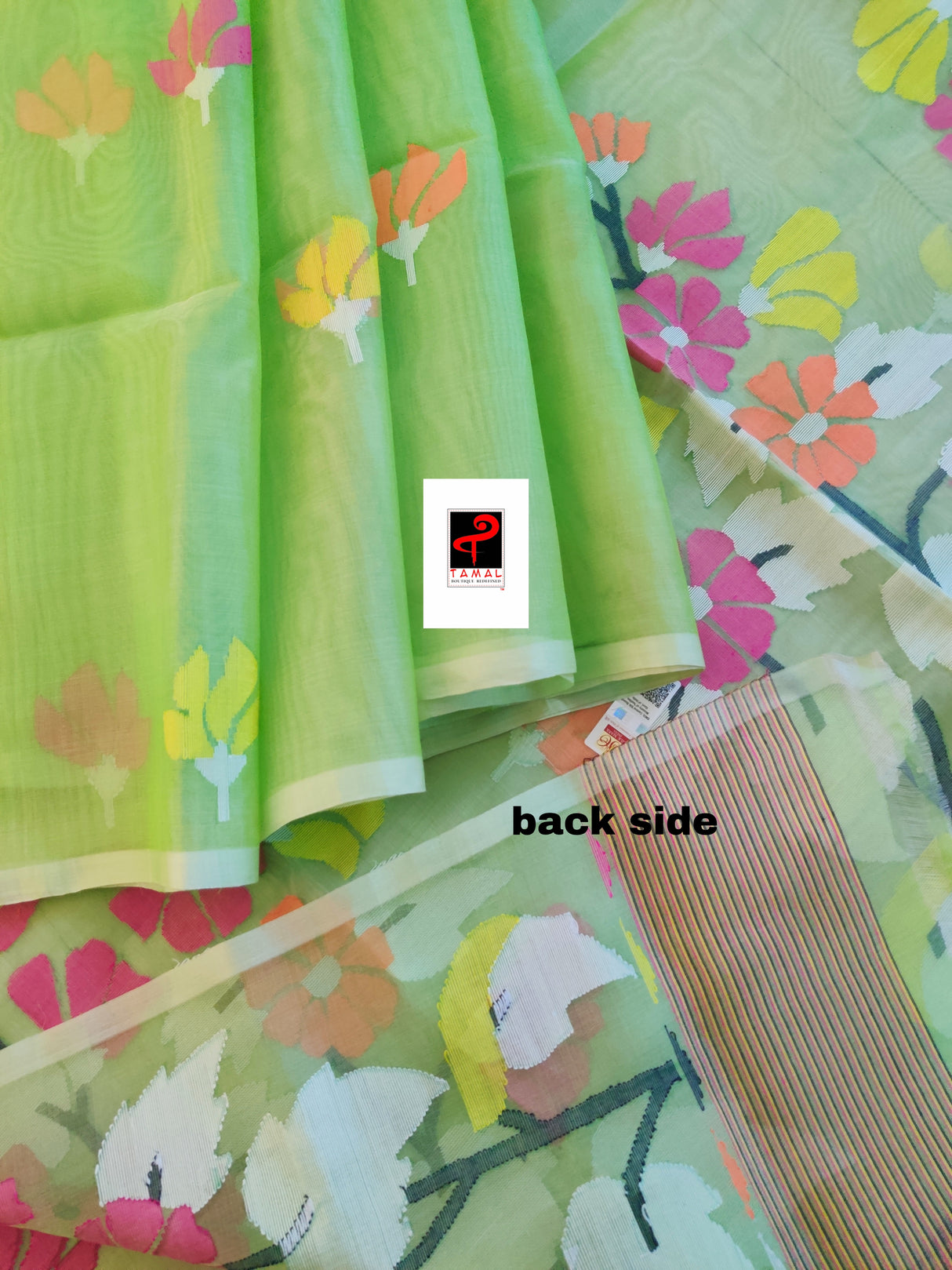 Light green with multi colour muslin silk floral pallu handwoven jamdani saree