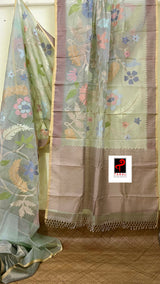 Light jalpai with multi colour allover floral handwoven jamadani saree in muslin silk - Tamal Boutique