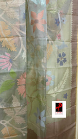 Light jalpai with multi colour allover floral handwoven jamadani saree in muslin silk - Tamal Boutique