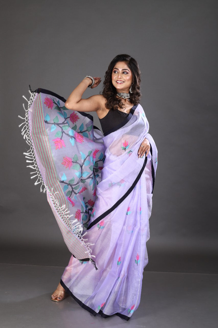 Light lavender with black border and multi colour floral handwoven jamadani saree