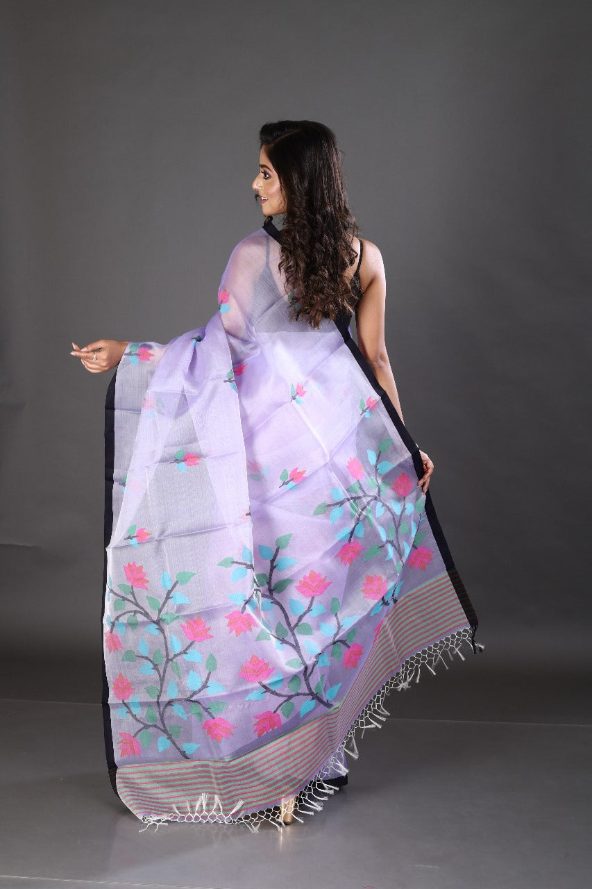 Light lavender with black border and multi colour floral handwoven jamadani saree