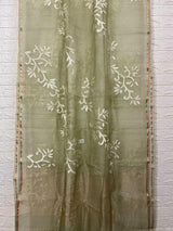 Light mint green with white allover floral handwoven jamdani in muslin silk saree