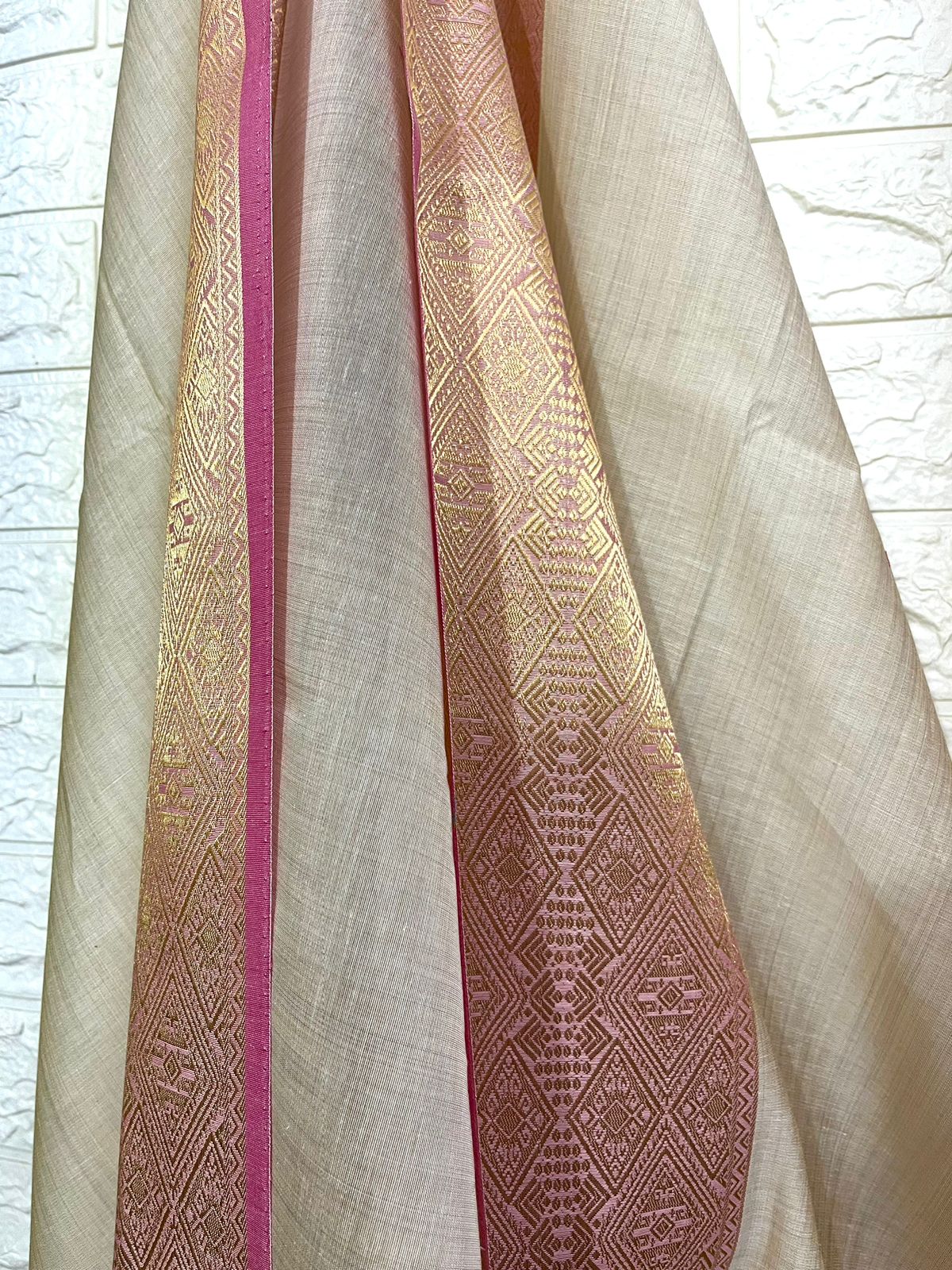 Light muga colour with zari border temple pallu silk cotton handloom saree
