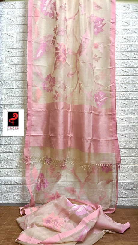 Light peach self allover floral muslin silk handwoven jamdani saree