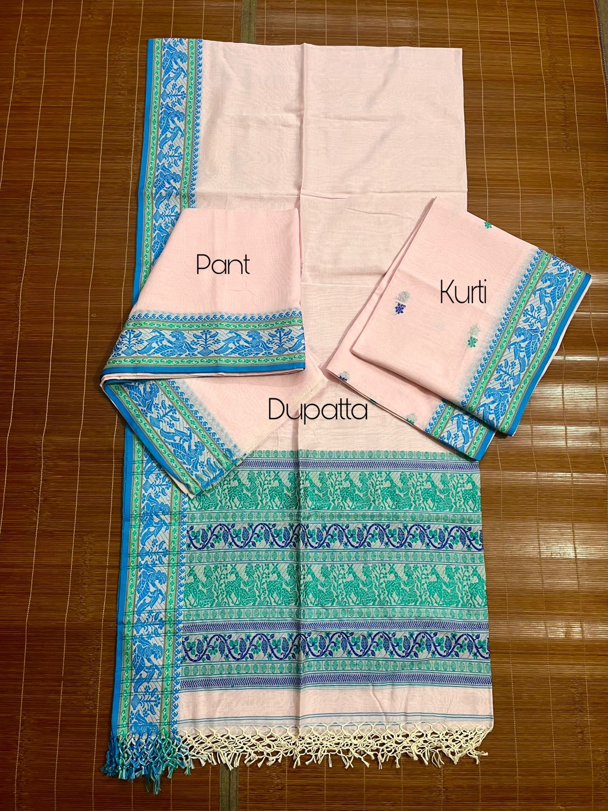 Light pink cotton baluchari kurti 3 piece set