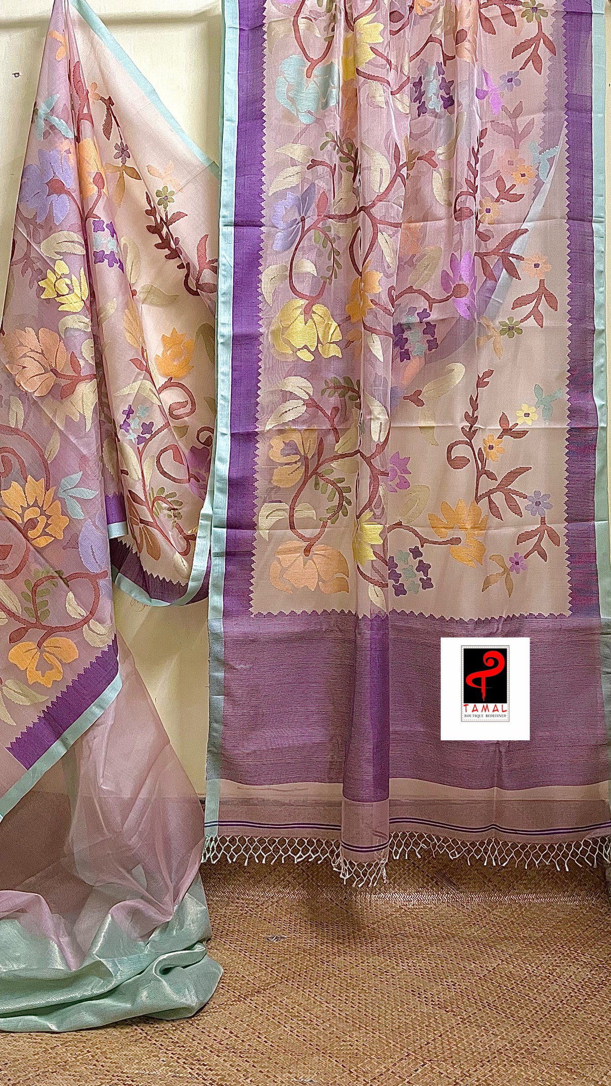 Light pink with multi colour allover floral handwoven jamadani saree in muslin silk - Tamal Boutique