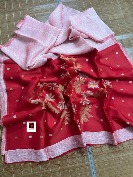 Light pink with red silk linen handwoven jamdani saree - Tamal Boutique