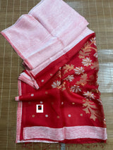 Light pink with red silk linen handwoven jamdani saree