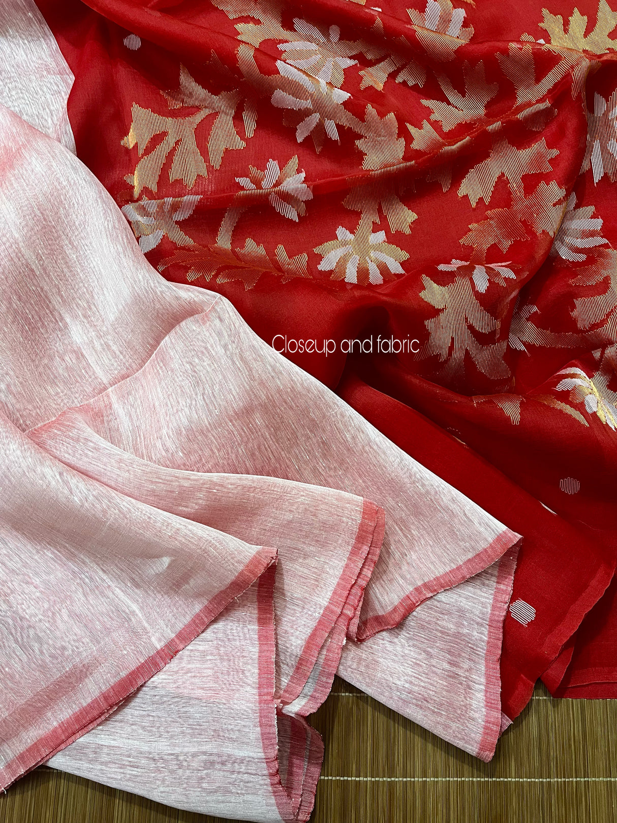 Light pink with red silk linen handwoven jamdani saree - Tamal Boutique