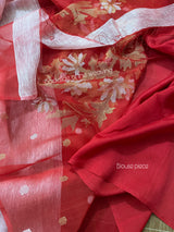 Light pink with red silk linen handwoven jamdani saree
