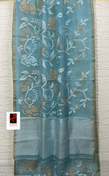 Light sky blue with white & beige colour allover floral handwoven jamdani saree - Tamal Boutique