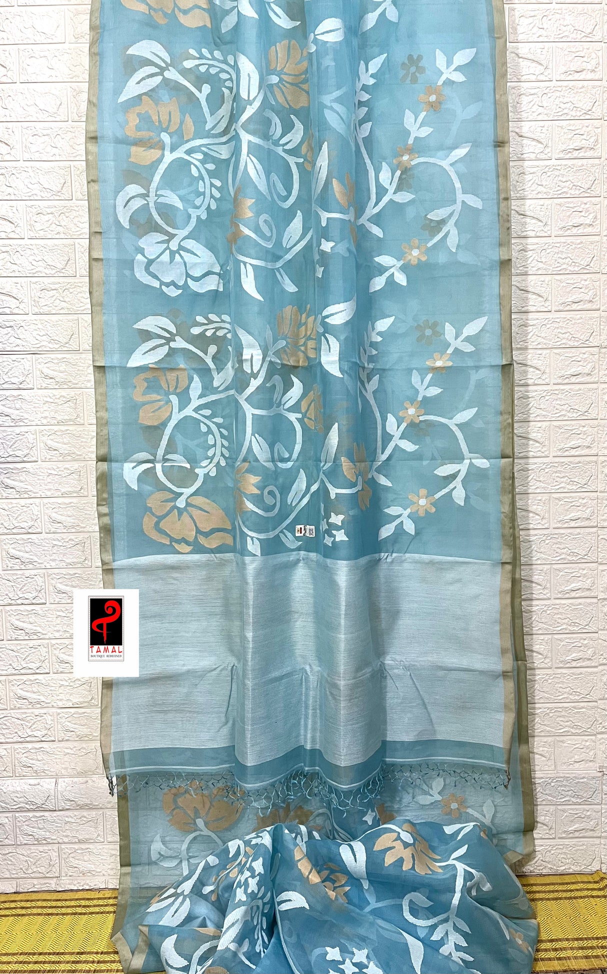 Light sky blue with white & beige colour allover floral handwoven jamdani saree - Tamal Boutique