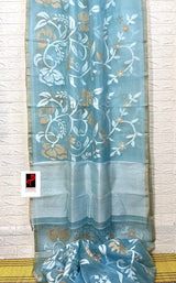 Light sky blue with white & beige colour allover floral handwoven jamdani saree - Tamal Boutique