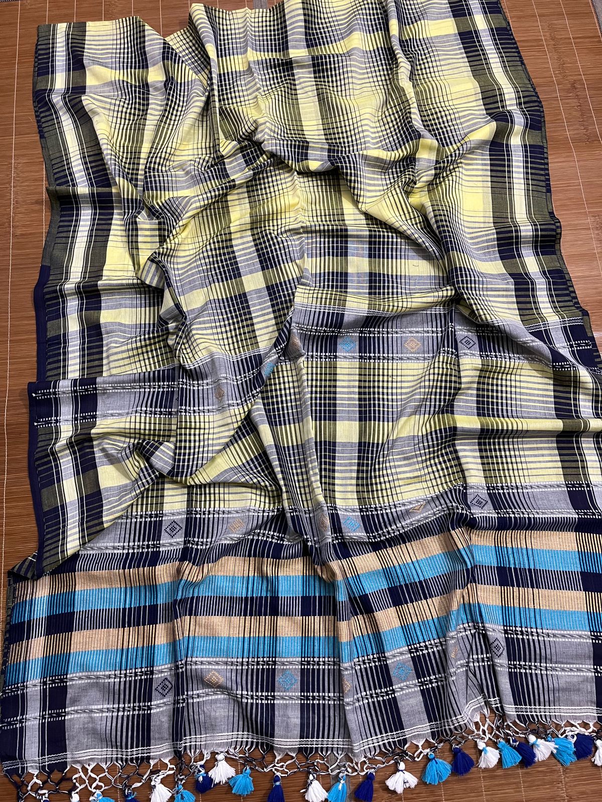 Light yellow with black checks bhujoudi design fulia cotton handloom saree - Tamal Boutique