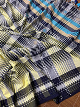 Light yellow with black checks bhujoudi design fulia cotton handloom saree - Tamal Boutique