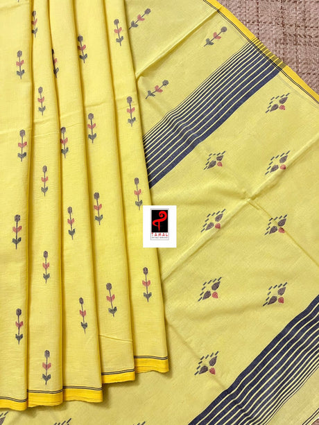 Light yellow with blue & red bel leaves handwoven jamdani design in cotton saree - Tamal Boutique