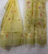 Light yellow with multi colour allover floral muslin silk kurta & dupatta set