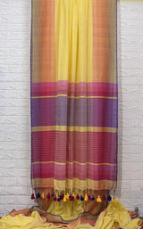 Light yellow with multi colour border mul cotton handloom saree