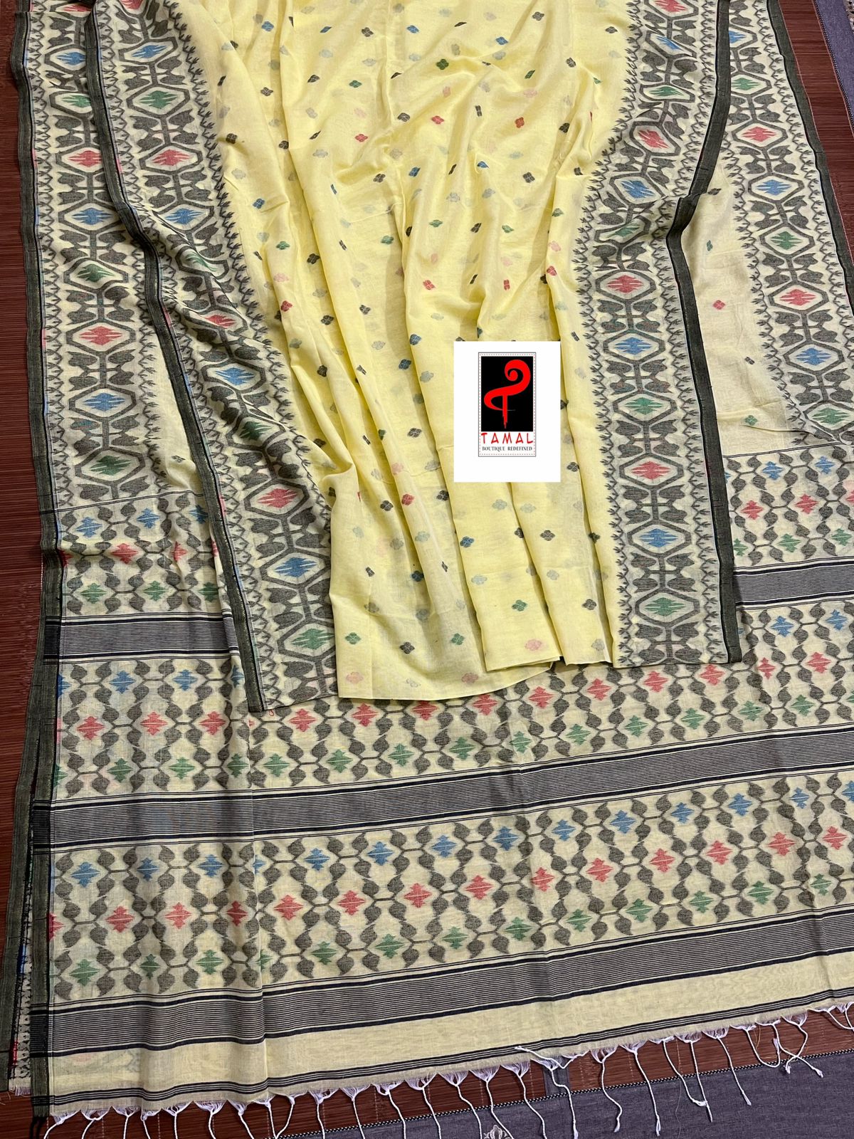 Light yellow with multicolour fulia cotton handloom jamdani saree