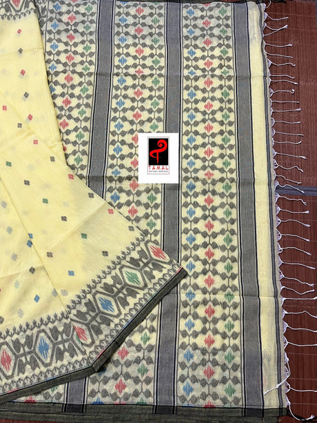 Light yellow with multicolour fulia cotton handloom jamdani saree