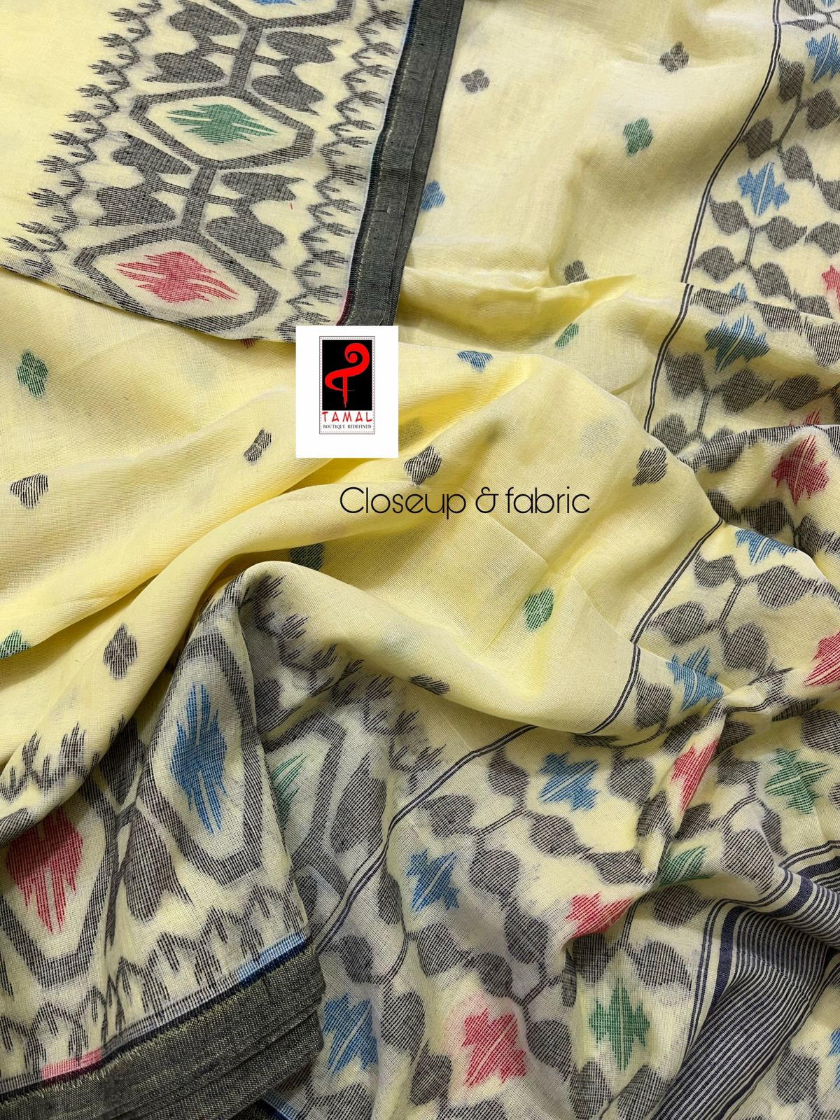 Light yellow with multicolour fulia cotton handloom jamdani saree - Tamal Boutique