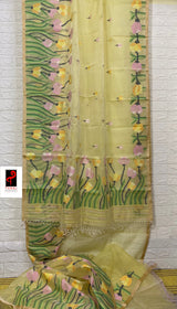 Light yellow with multi colour tulip handwoven muslin silk jamdani saree