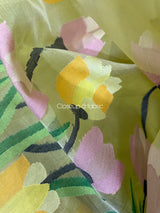 Light yellow with multi colour tulip handwoven muslin silk jamdani saree