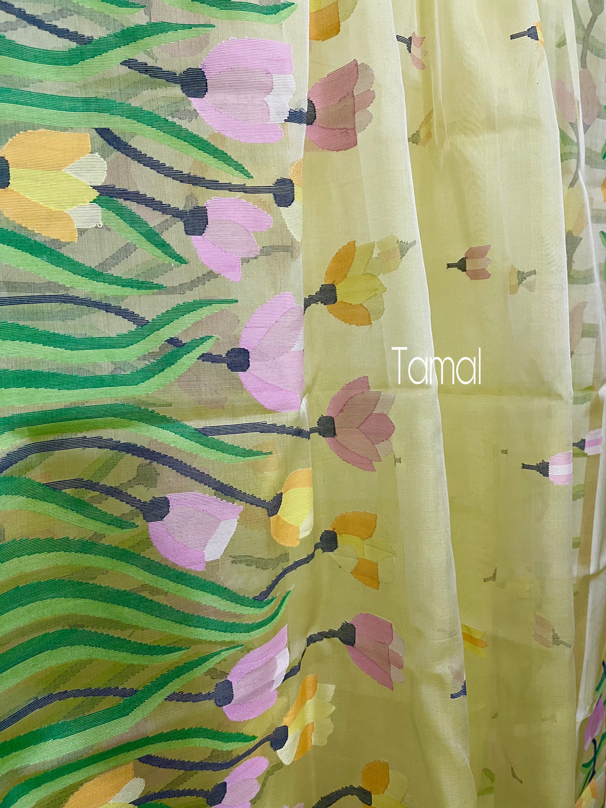 Light yellow with multi colour tulip handwoven muslin silk jamdani saree