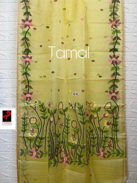 Light yellow with tusser border & multicolour floral muslin silk handwoven jamdani saree