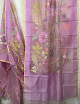 Lilac with multi colour allover floral muslin silk handwoven jamdani saree