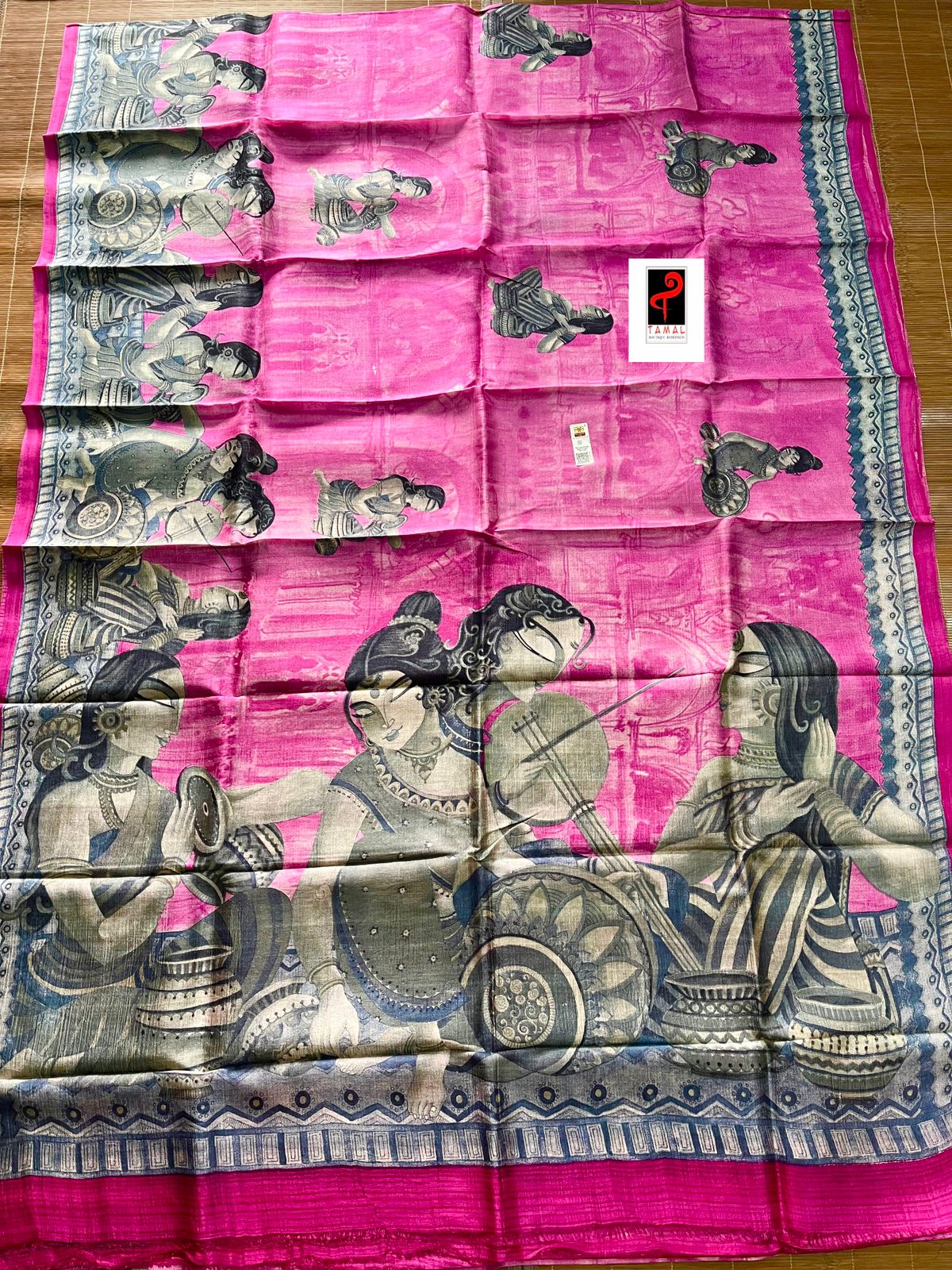 Lotus pink colour printed katan silk saree