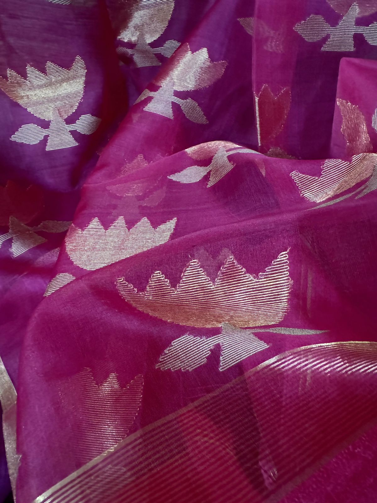 Magenta with hot pink gold lotus matka silk handwoven jamdani saree