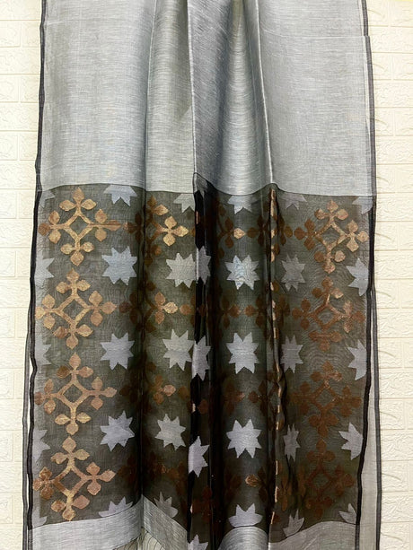 Majestic grey silk linen handwoven jamdani saree
