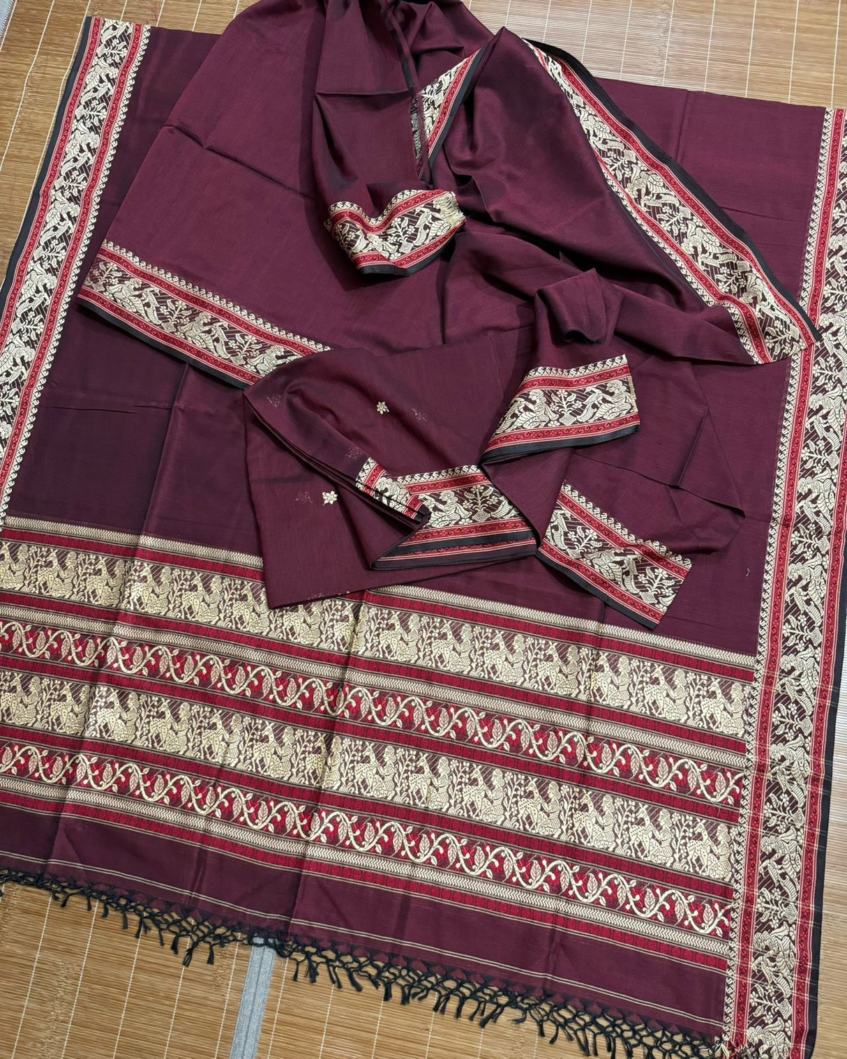 Maroon cotton baluchari kurti with dupatta & pant set - Tamal Boutique