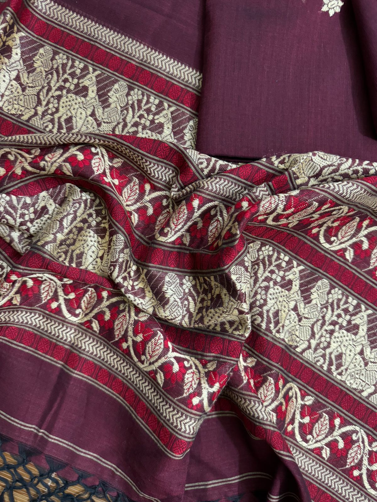 Maroon cotton baluchari kurti with dupatta & pant set - Tamal Boutique