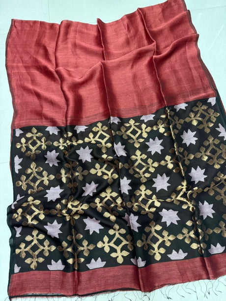 Maroon with black star pallu silk linen handwoven jamdani saree