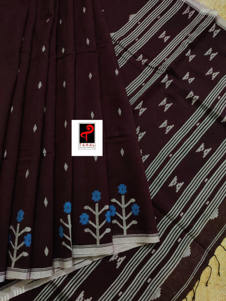 Maroon with white border tree motifs cotton handwoven jamdani saree - Tamal Boutique