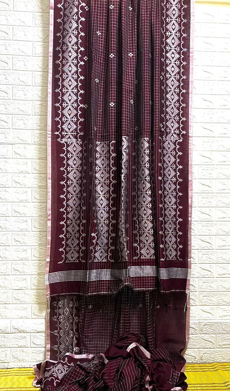 Maroon with white cotton jacquard handloom jamdani saree