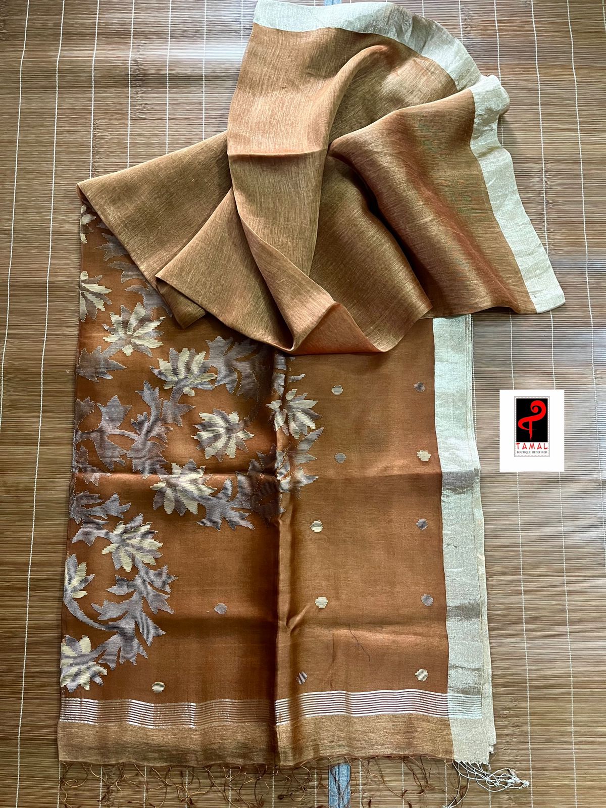 Mate brown with silver zari border silk linen handwoven jamdani saree - Tamal Boutique