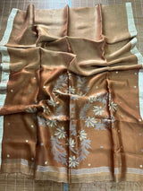 Mate brown  with silver zari border silk linen handwoven jamdani saree