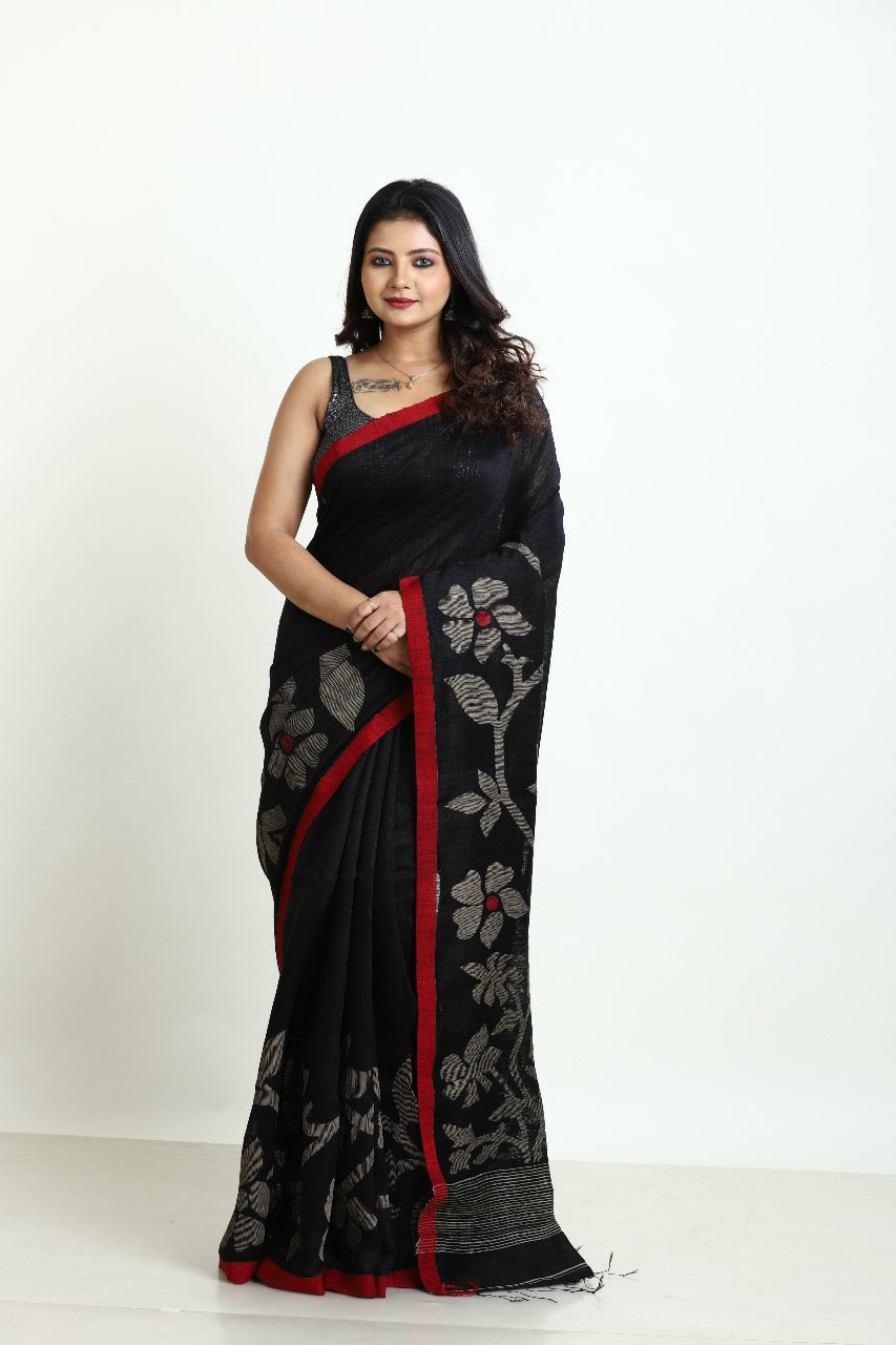 Black with red border Matka silk handwoven jamdani saree