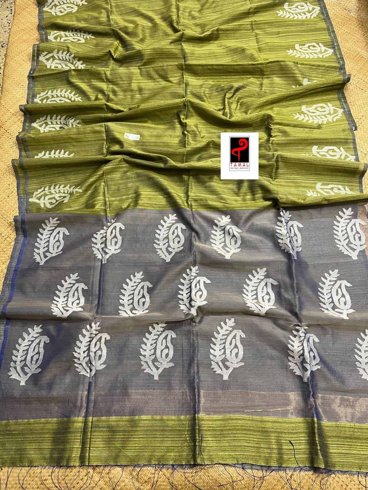 Mehendi green alpona motifs matka silk jamdani saree